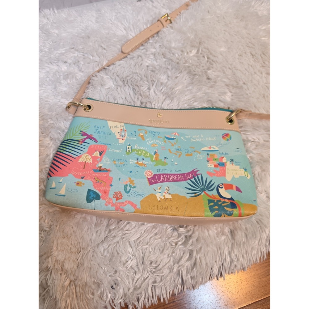 Spartina 449 Greetings from the Caribbean Sea Map Crossbody Bag Blue Tan Multi - Picture 2 of 11